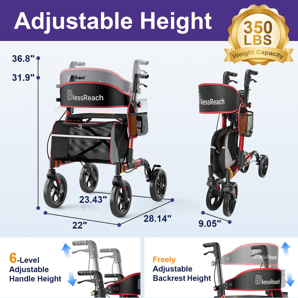 Lightweight Red Rollator Walker with Seat C376