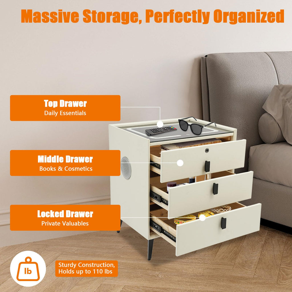 Beige White Smart LED Nightstand with USB Charging M551
