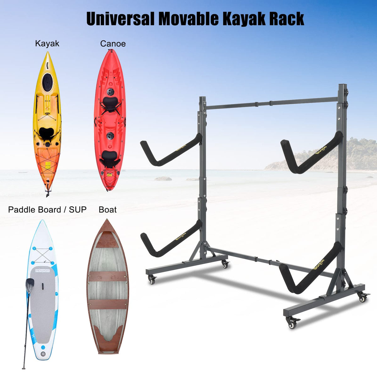 Freestanding Kayak Storage Rack with Lockable Wheels A470