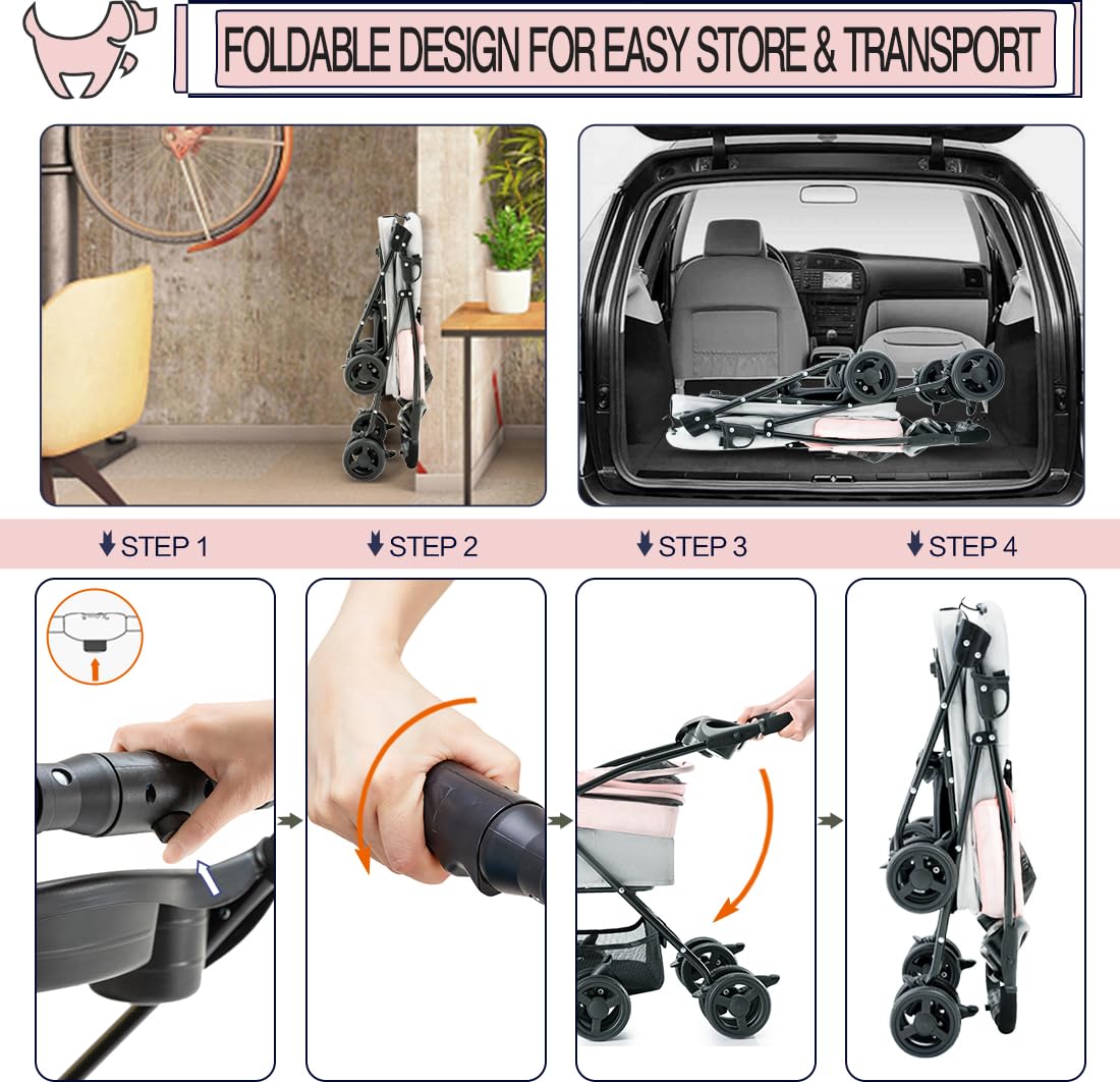 Pink Gray Pet Stroller with Detachable Carrier V27632