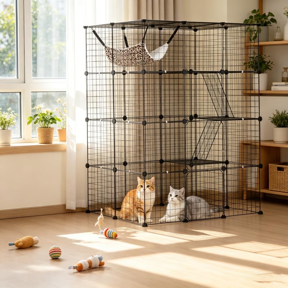 4-Tier Metal Wire Cat Cage with Hammock, Platforms & Ramps, Black K632