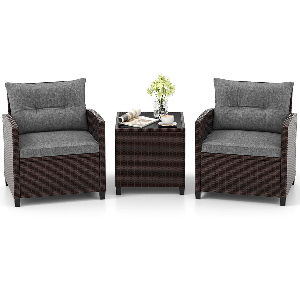 3 Pieces PE Rattan Wicker Outdoor Sofa Set with Cushion and Tempered Glass Tabletop C172