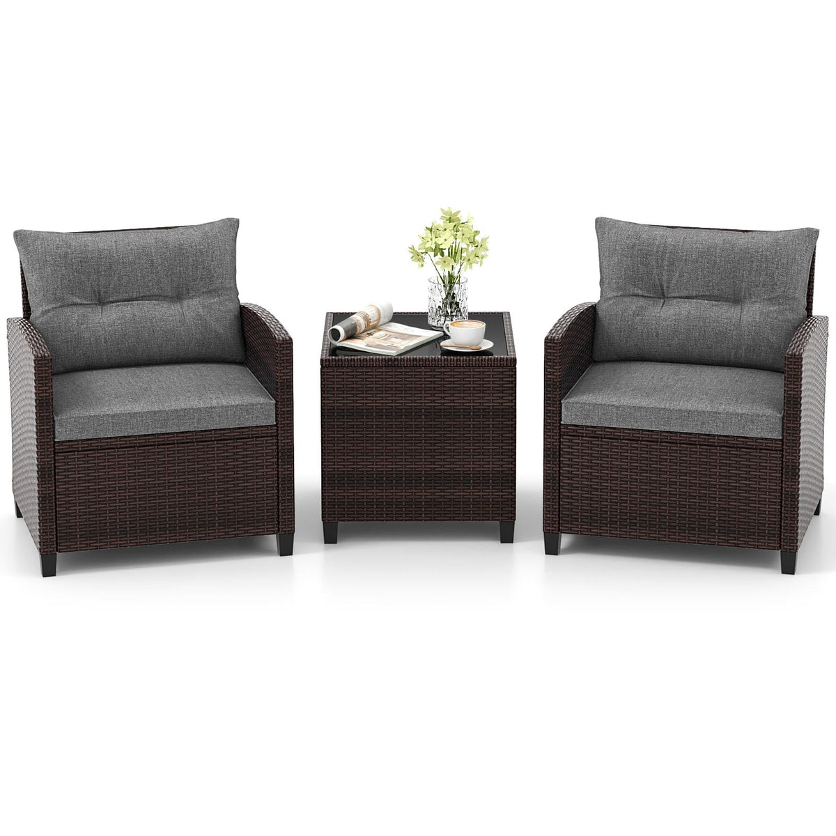 3 Pieces PE Rattan Wicker Outdoor Sofa Set with Cushion and Tempered Glass Tabletop C172