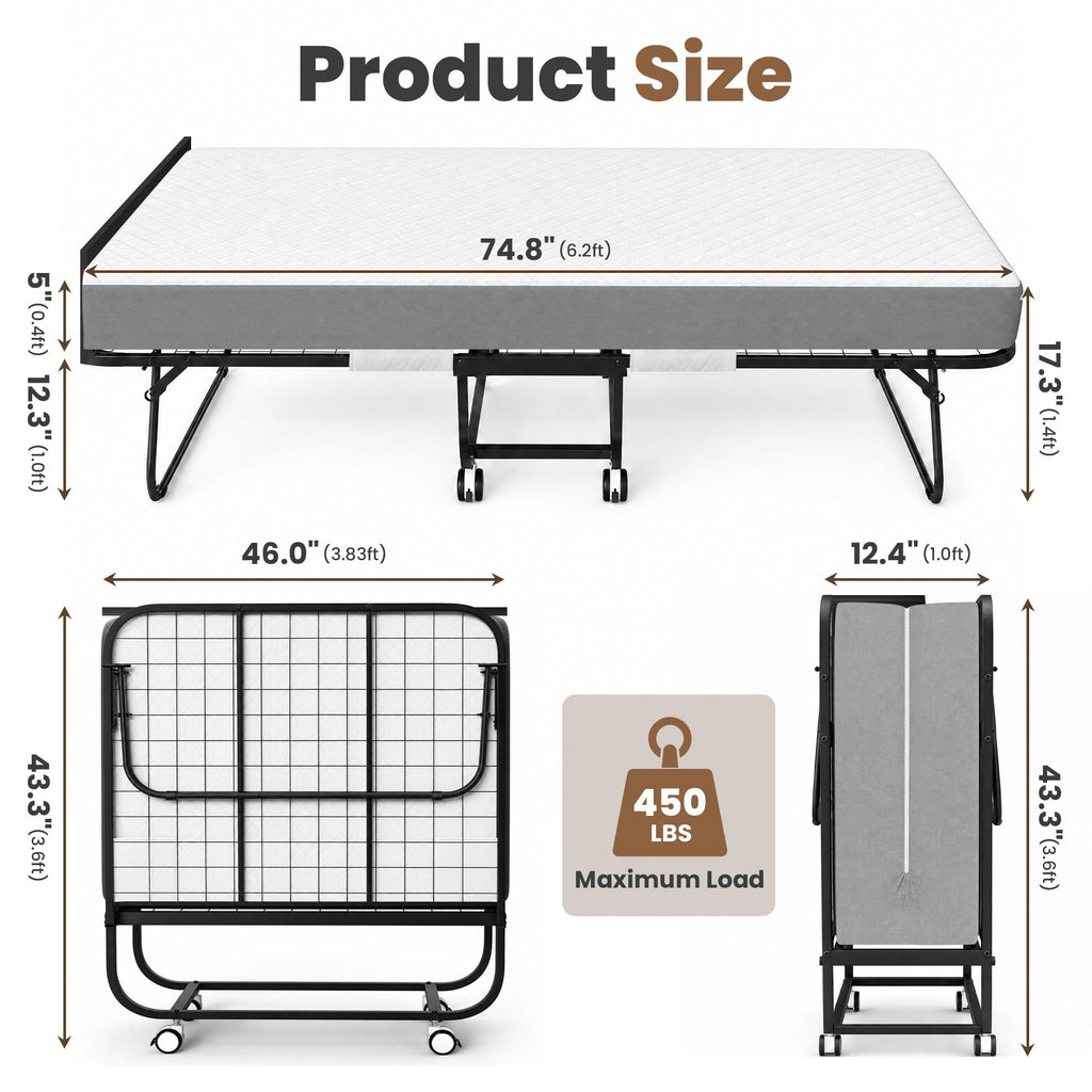 Folding Bed with Mattress Extra Wide Guest Bed M698619