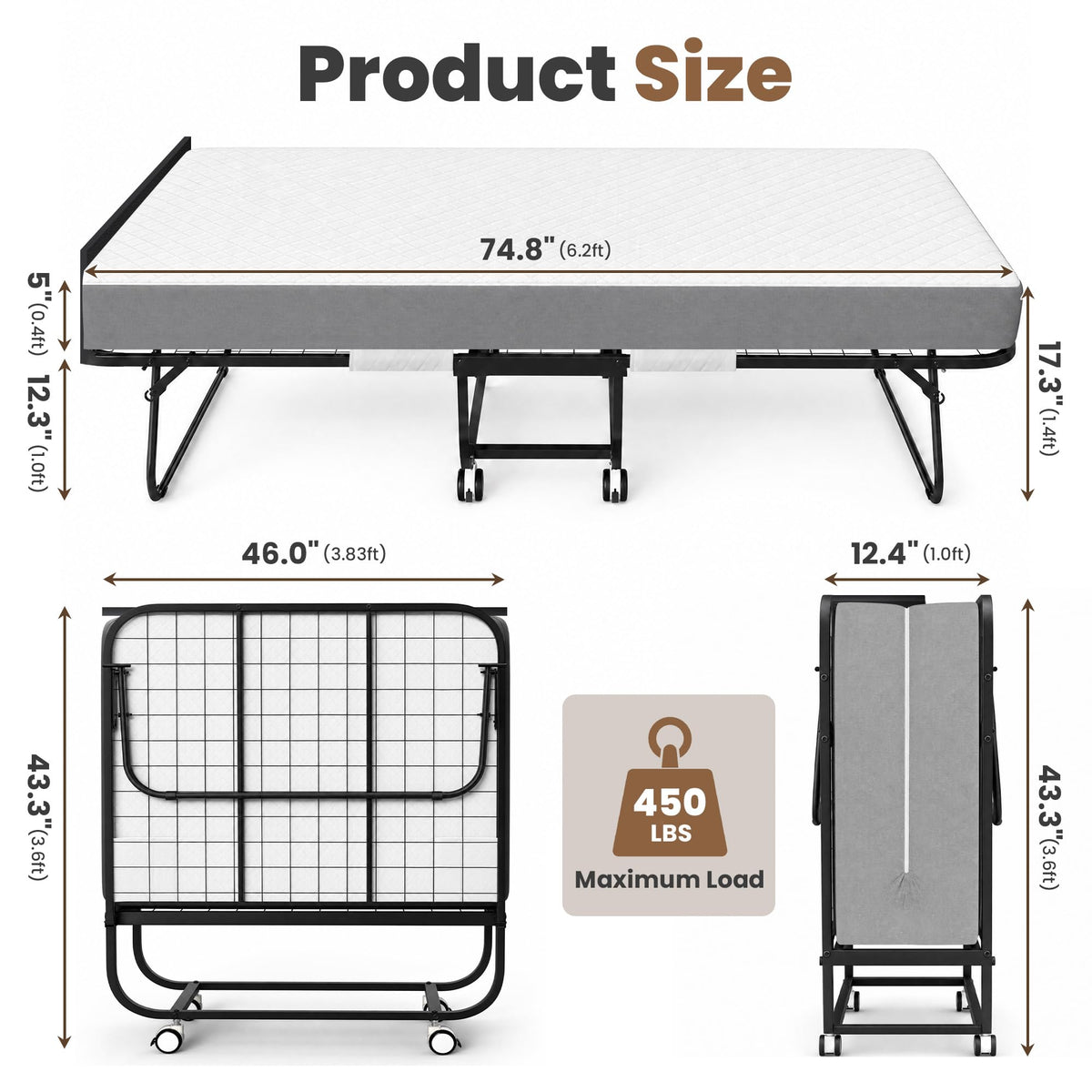 Folding Bed with Mattress Extra Wide Guest Bed M698619