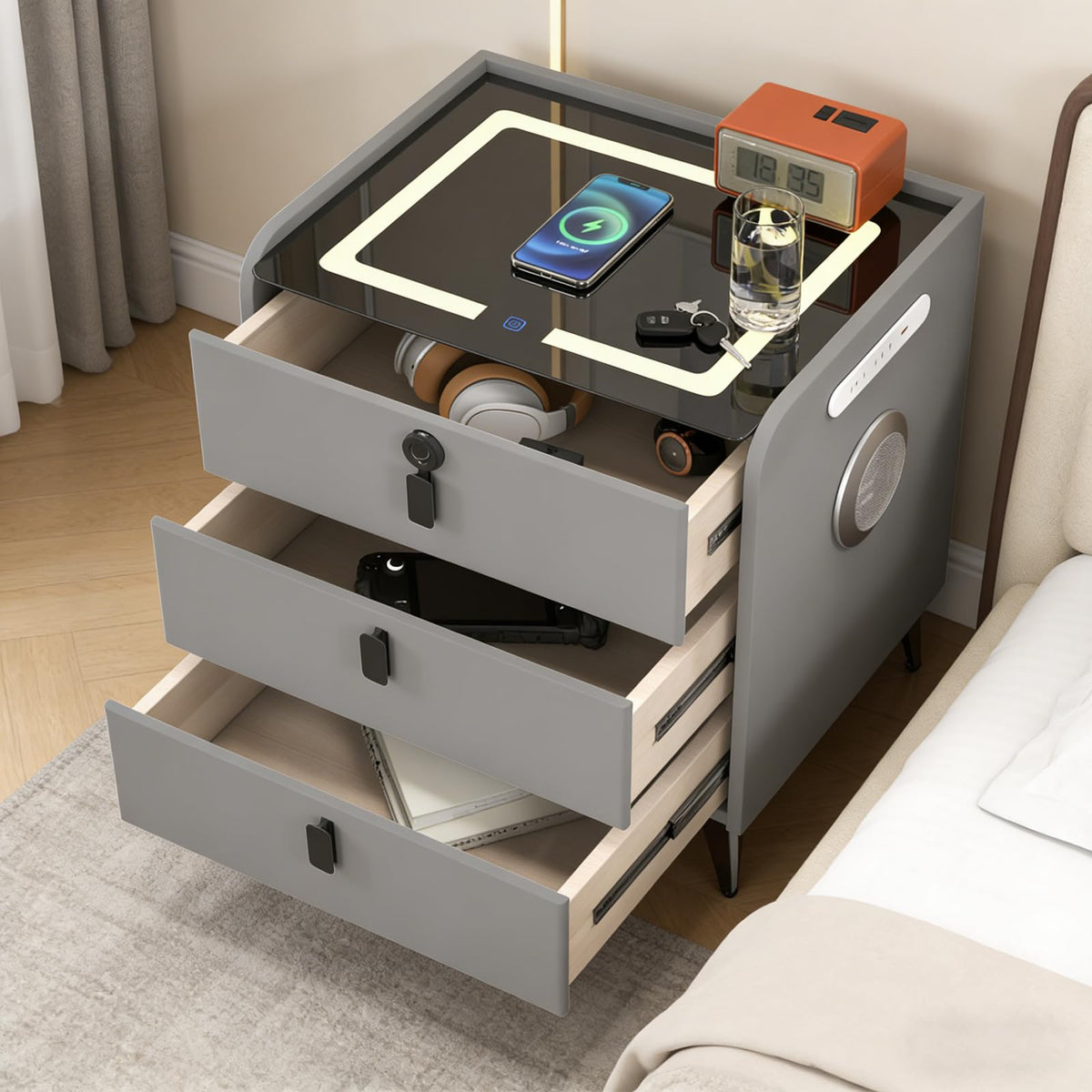 Wireless Charging Fingerprint Lock Nightstand Y85096