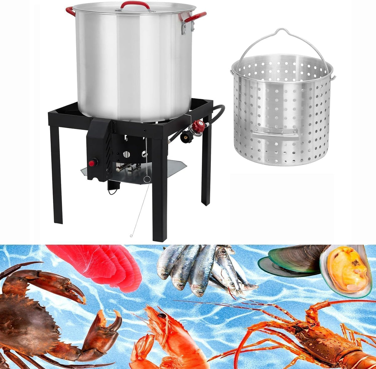 60 Qt Aluminum Seafood Boil Pot with Basket and Burner S744004