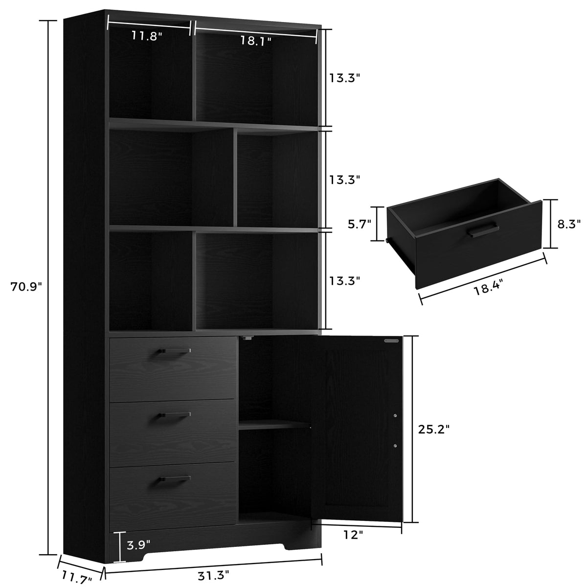 70.9-Inch Black Bookcase with Doors and 3 Drawers J923931