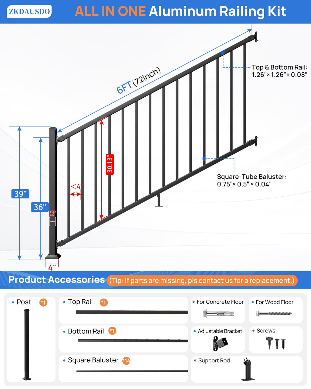 6 ft. W Aluminum Stair Railing Kit V86002