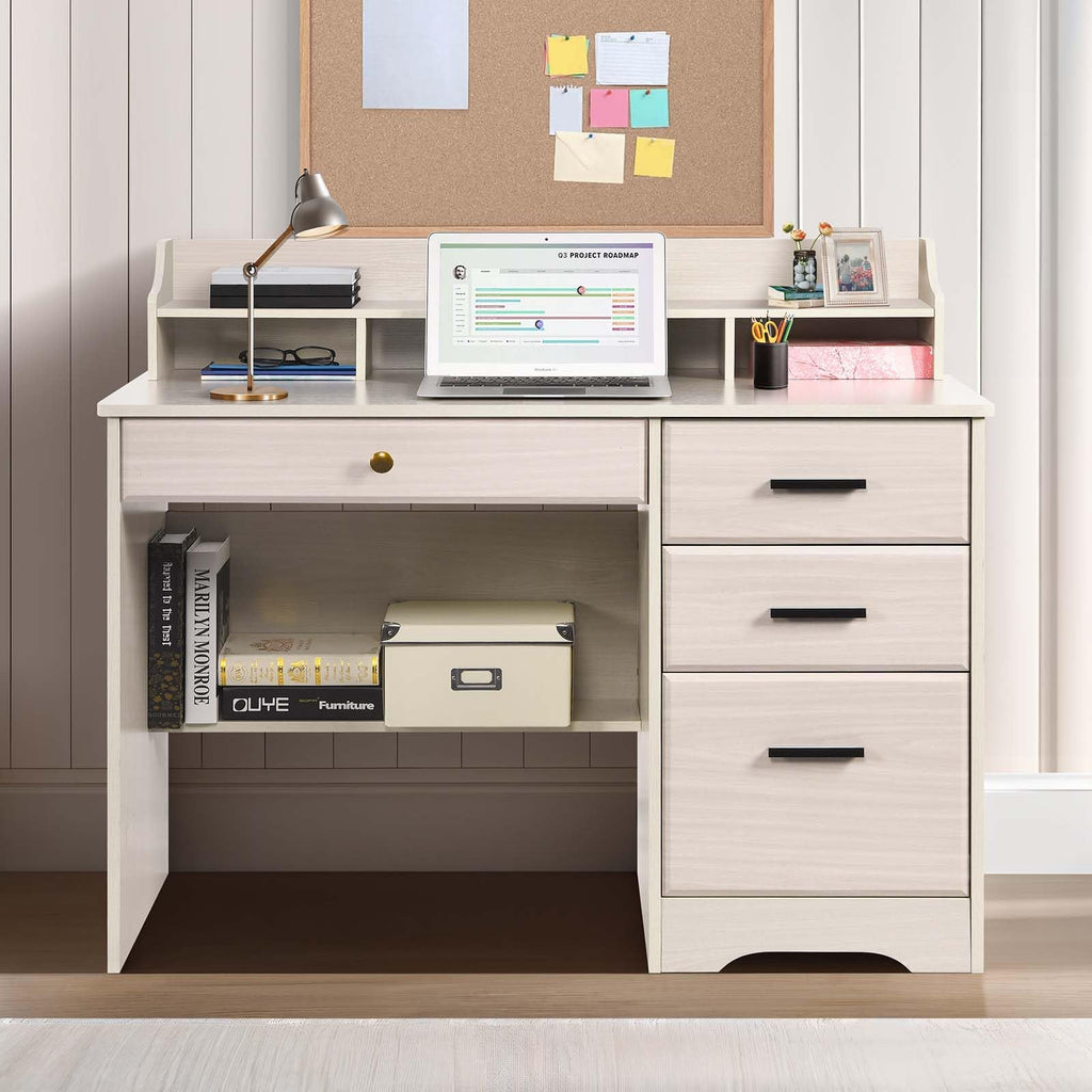 Warm White Wood Computer Desk with Drawers and Hutch R78647