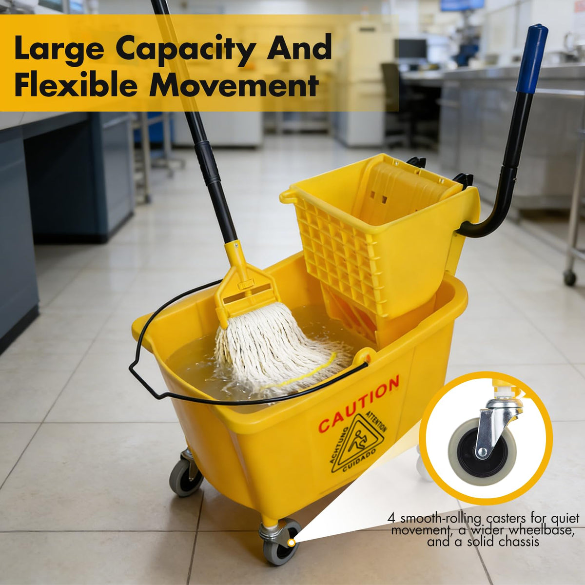 Commercial Mop Bucket with 2 Mop Heads and Caution Sign, 38 Quart Q725337