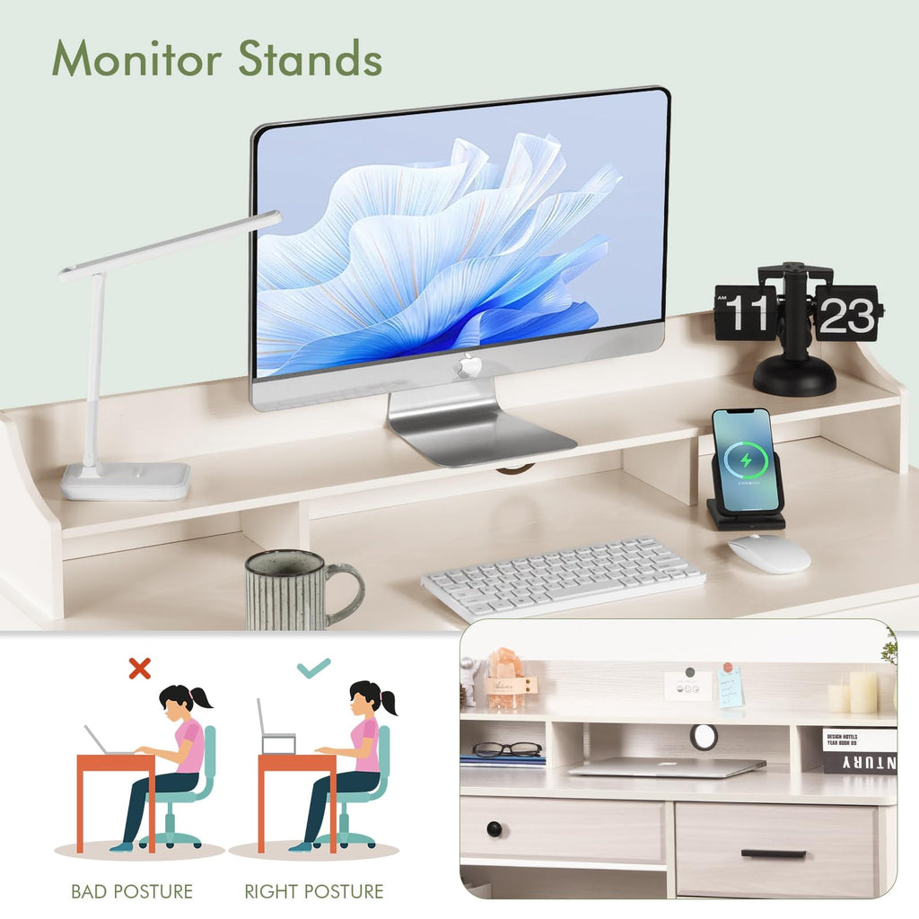 Warm White Wood Computer Desk with Drawers and Hutch R78647
