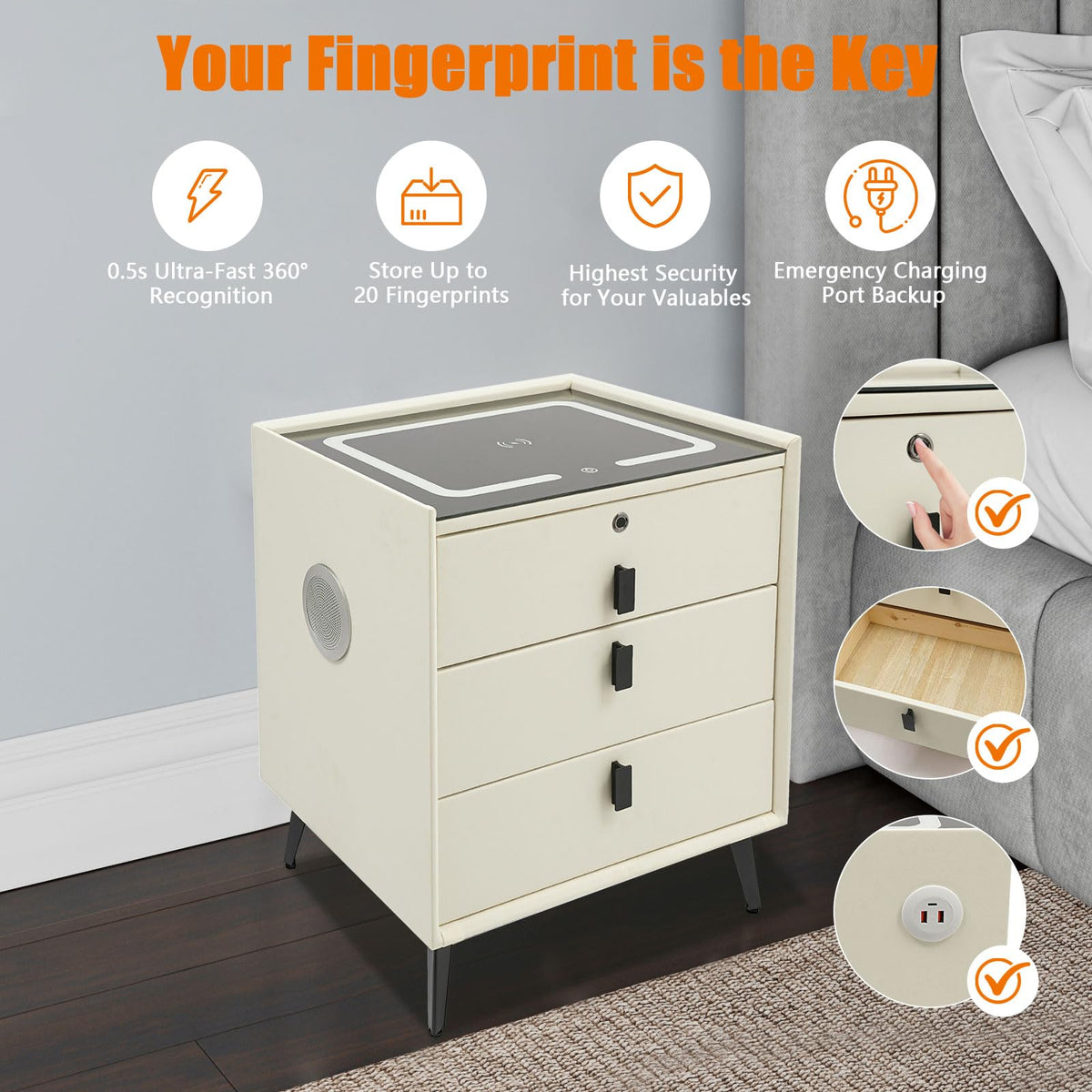 Beige White Smart LED Nightstand with USB Charging M551