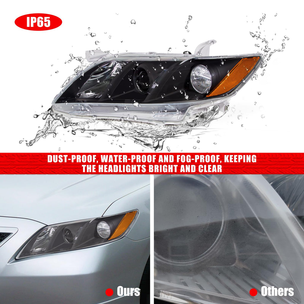 Compatible with 2007-2009 Toyota Camry Headlights Assembly Black Housing Amber Reflectors Left and Right Pairs P922