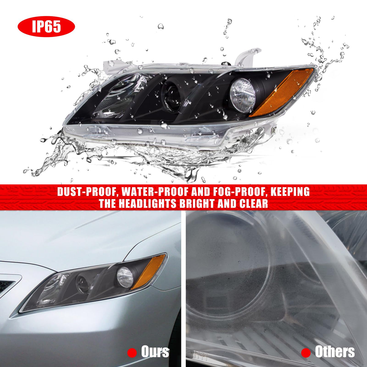 Compatible with 2007-2009 Toyota Camry Headlights Assembly Black Housing Amber Reflectors Left and Right Pairs P922