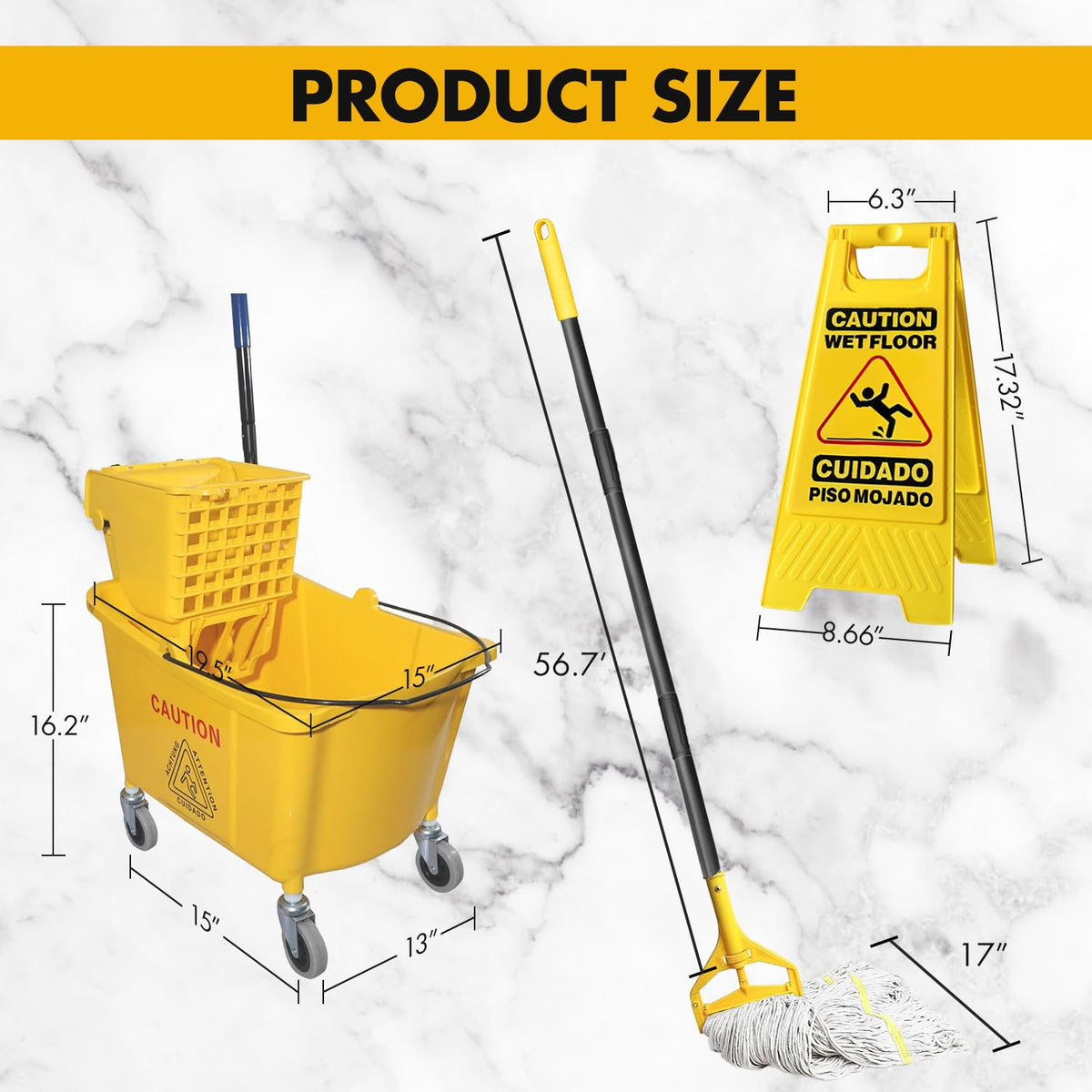 Commercial Mop Bucket with 2 Mop Heads and Caution Sign, 38 Quart Q725337