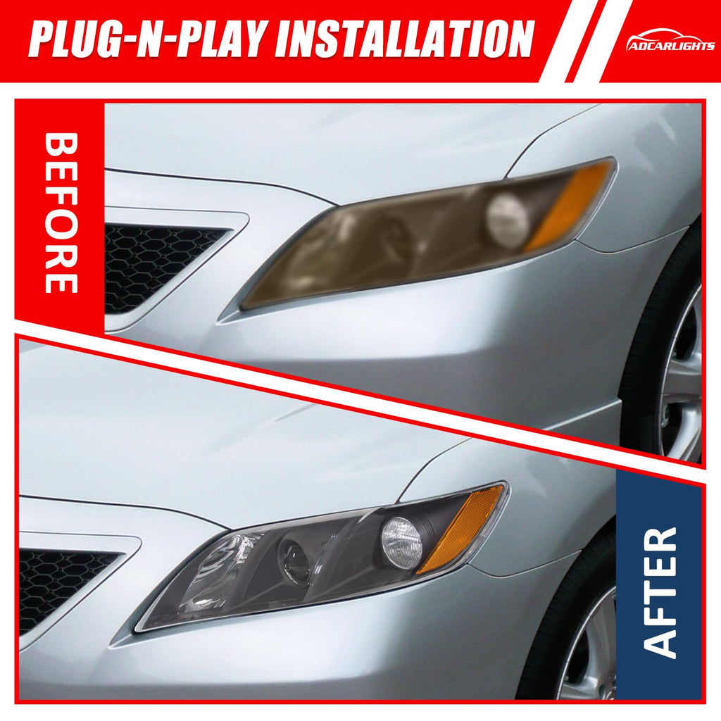 Compatible with 2007-2009 Toyota Camry Headlights Assembly Black Housing Amber Reflectors Left and Right Pairs P922