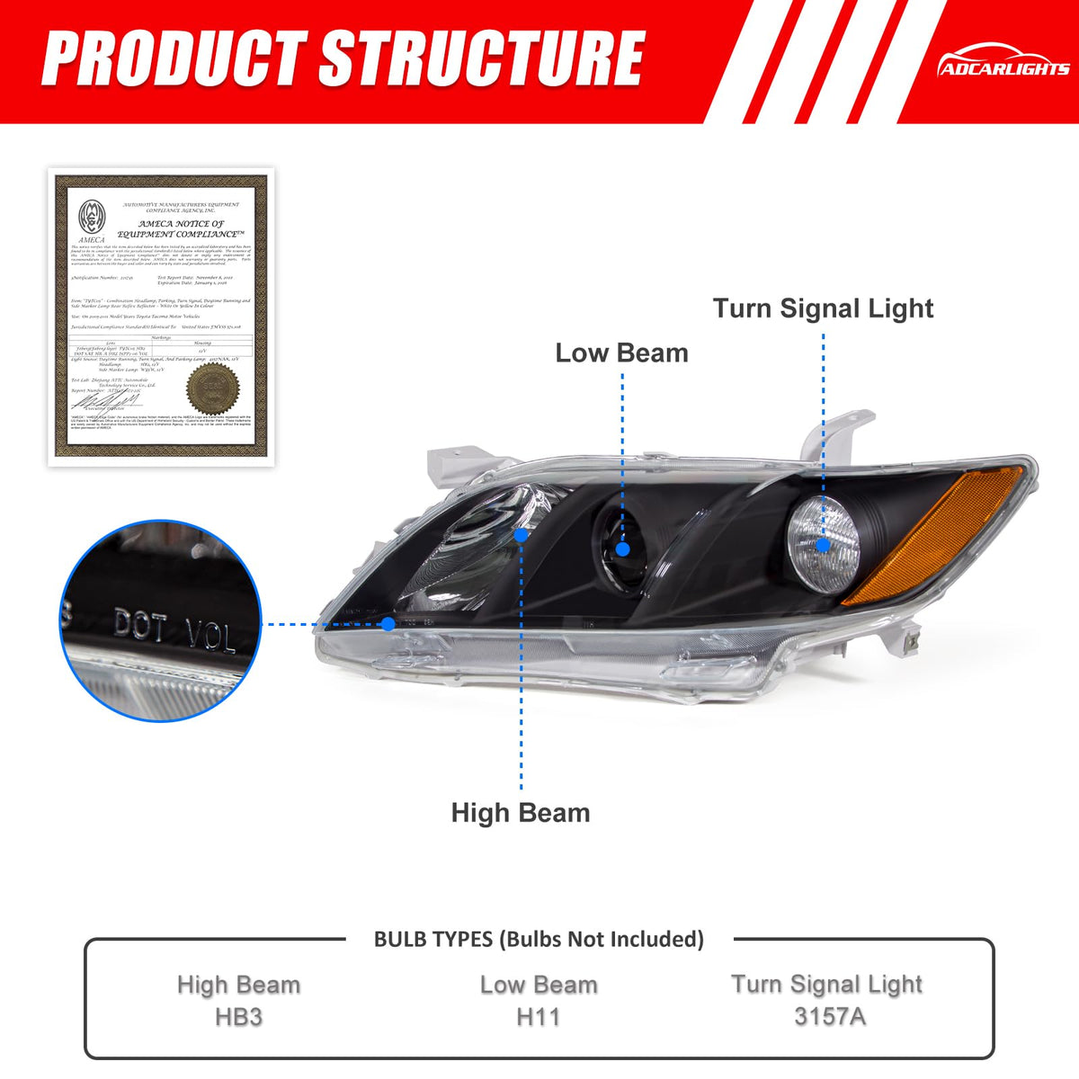 Compatible with 2007-2009 Toyota Camry Headlights Assembly Black Housing Amber Reflectors Left and Right Pairs P922