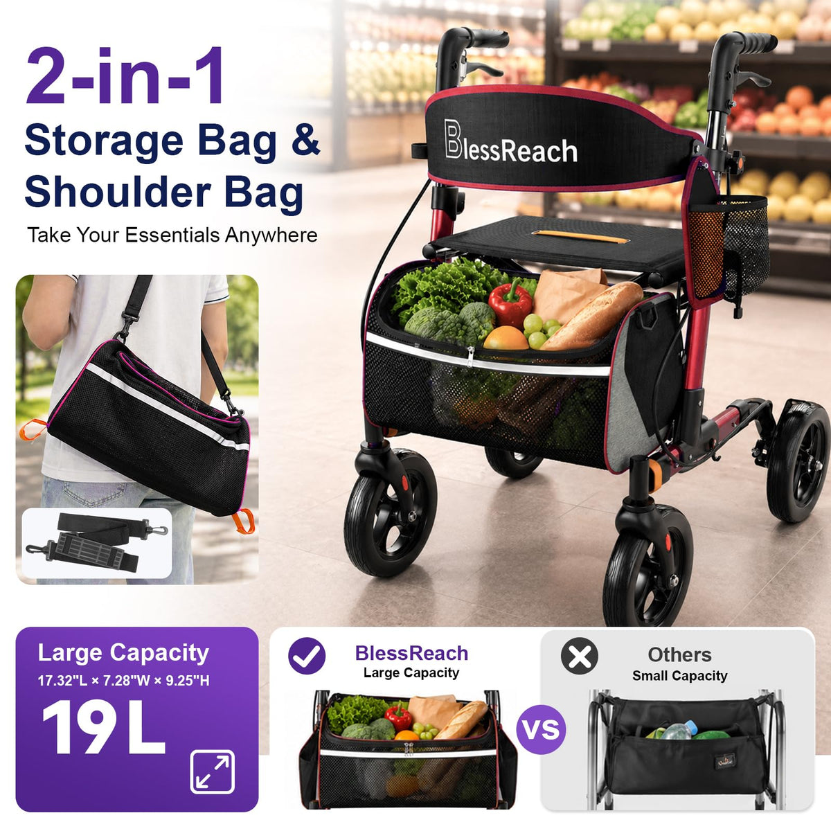 Lightweight Red Rollator Walker with Seat C376