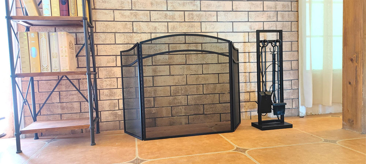3 Panels Fireplace Screen with Arch Frame Black E4366
