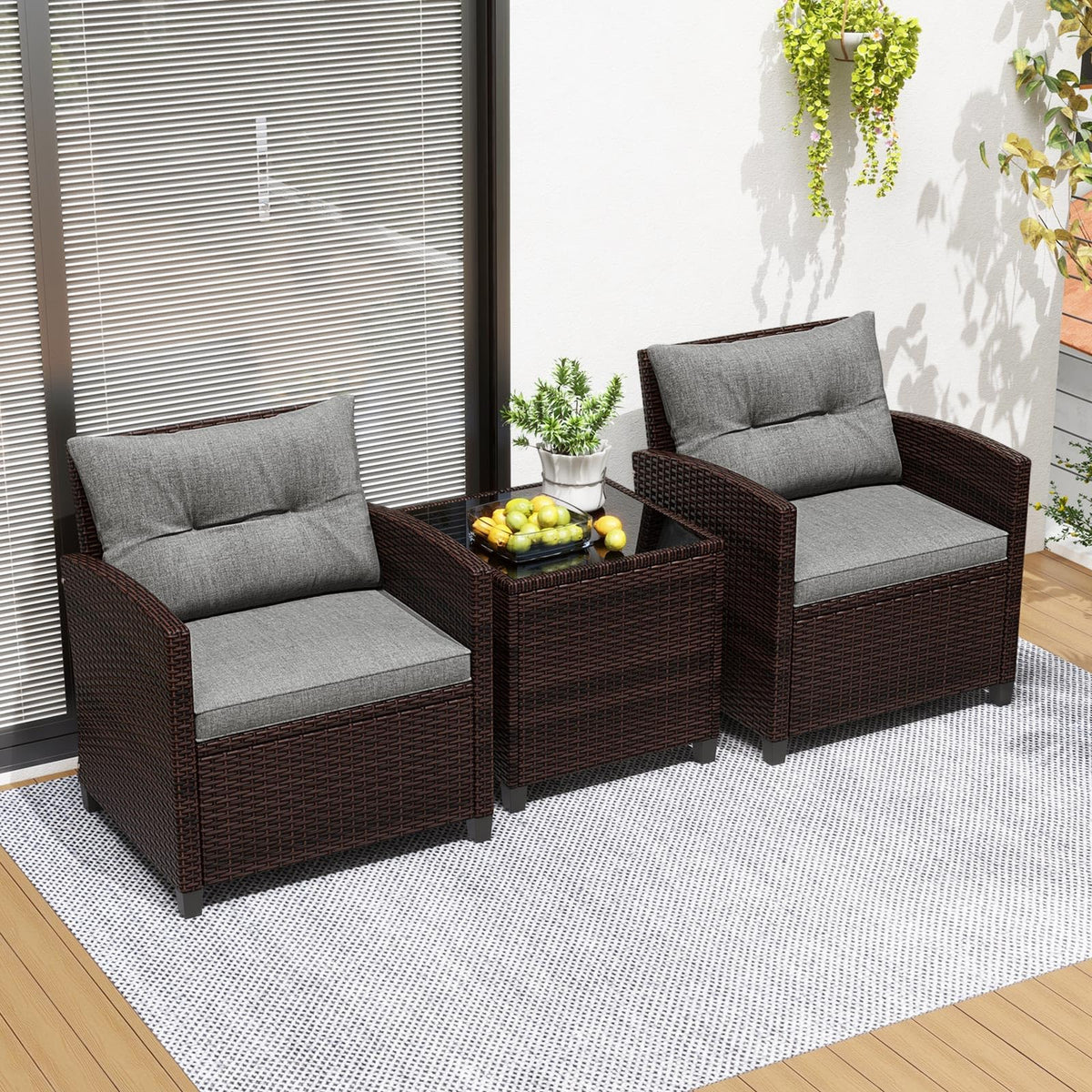 3 Pieces PE Rattan Wicker Outdoor Sofa Set with Cushion and Tempered Glass Tabletop C172