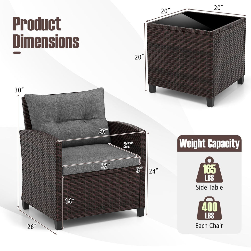 3 Pieces PE Rattan Wicker Outdoor Sofa Set with Cushion and Tempered Glass Tabletop C172