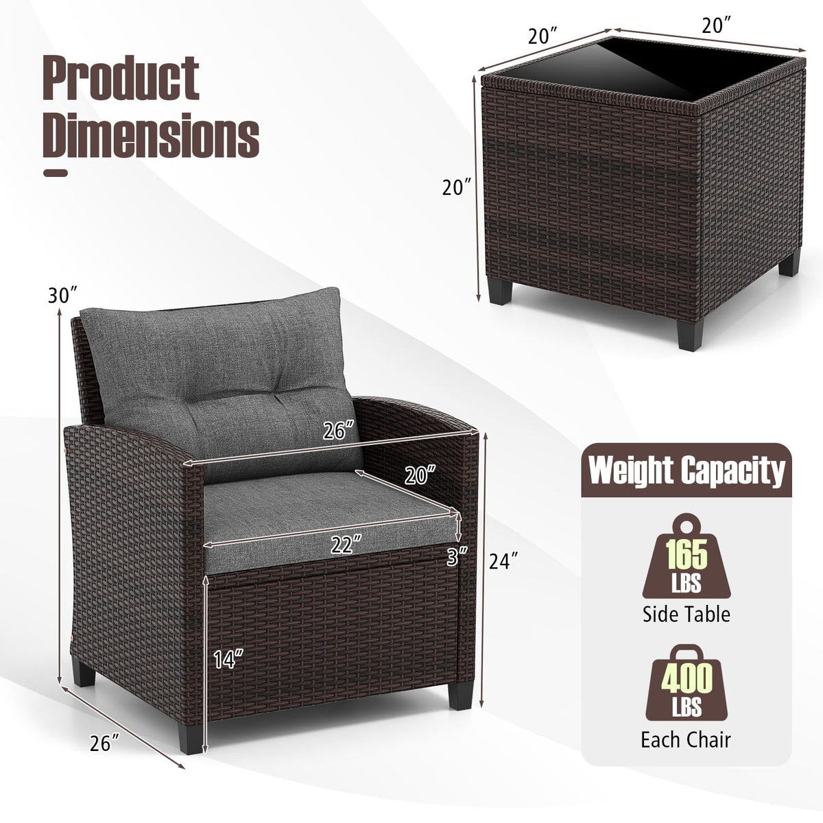 3 Pieces PE Rattan Wicker Outdoor Sofa Set with Cushion and Tempered Glass Tabletop C172