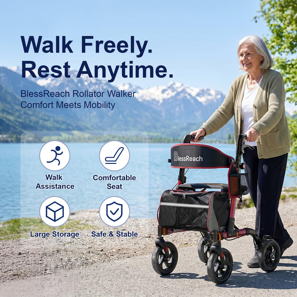 Lightweight Red Rollator Walker with Seat C376