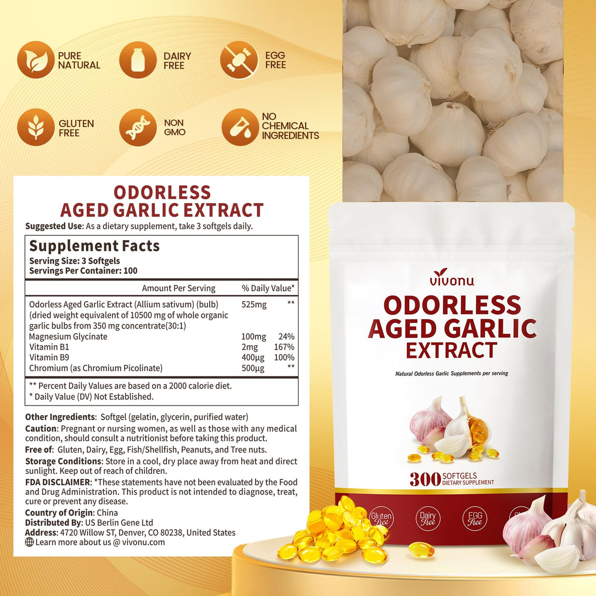 Odorless Gluten Free Aged Garlic Extract Capsules 300 Softgels M880