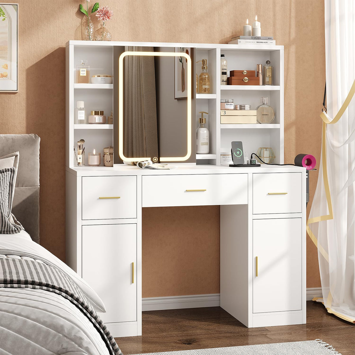 White Vanity Desk with Sliding Mirror and LED Lights K74247