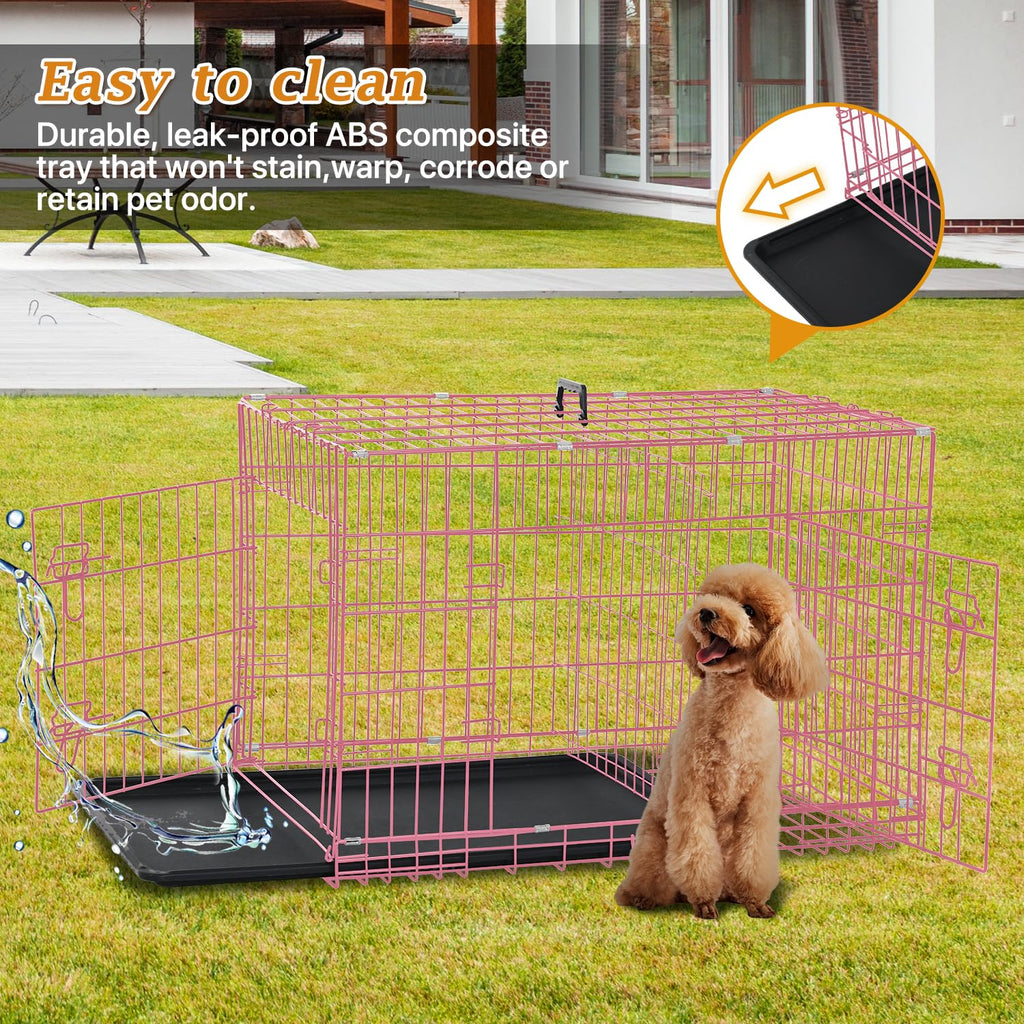 24" Pink Double Door Wire Dog Crate with Divider E86934