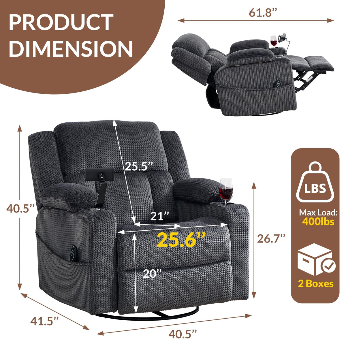 Oversized Power Recliner Chair with Massage and Heat, Grey D863