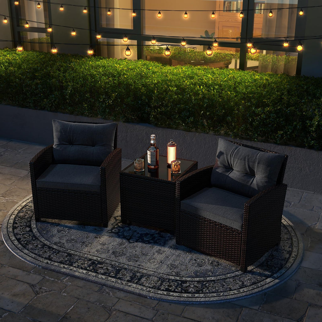3 Pieces PE Rattan Wicker Outdoor Sofa Set with Cushion and Tempered Glass Tabletop C172