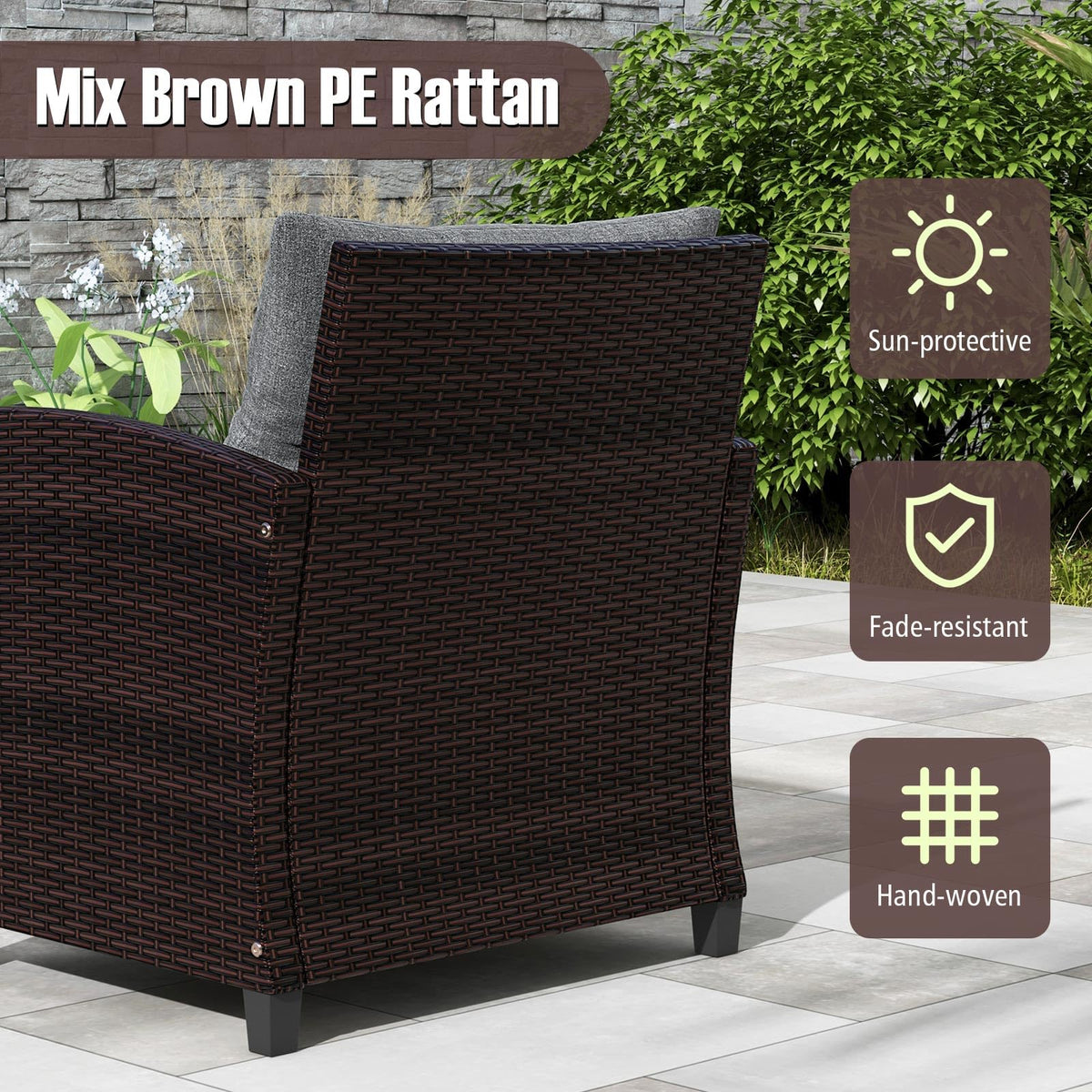 3 Pieces PE Rattan Wicker Outdoor Sofa Set with Cushion and Tempered Glass Tabletop C172