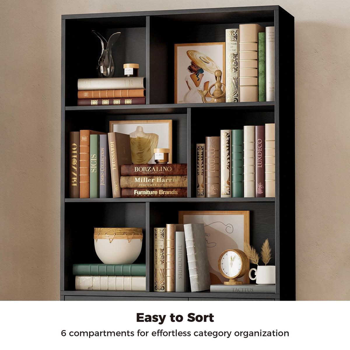 70.9-Inch Black Bookcase with Doors and 3 Drawers J923931
