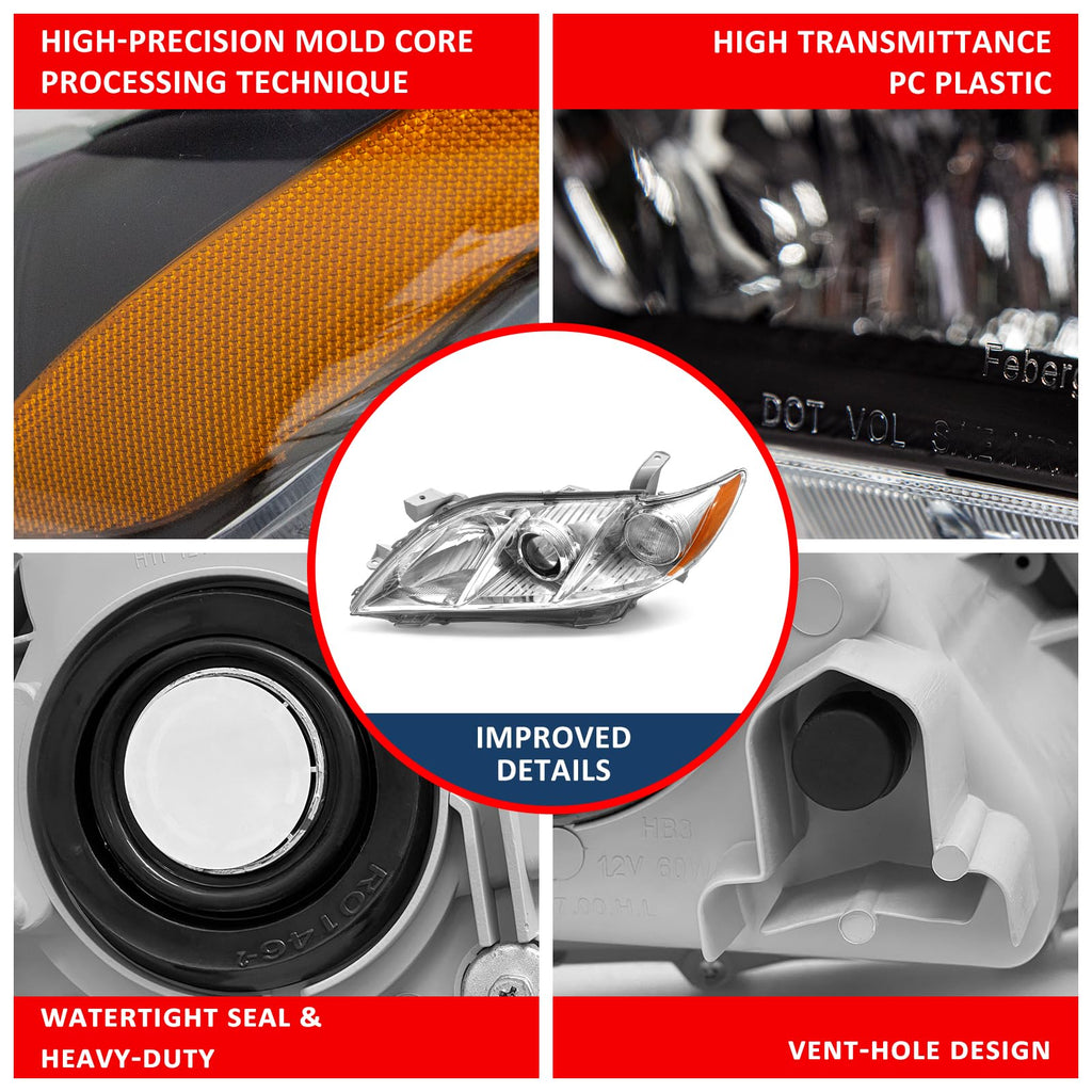 Compatible with 2007-2009 Toyota Camry Headlights Assembly Black Housing Amber Reflectors Left and Right Pairs P922