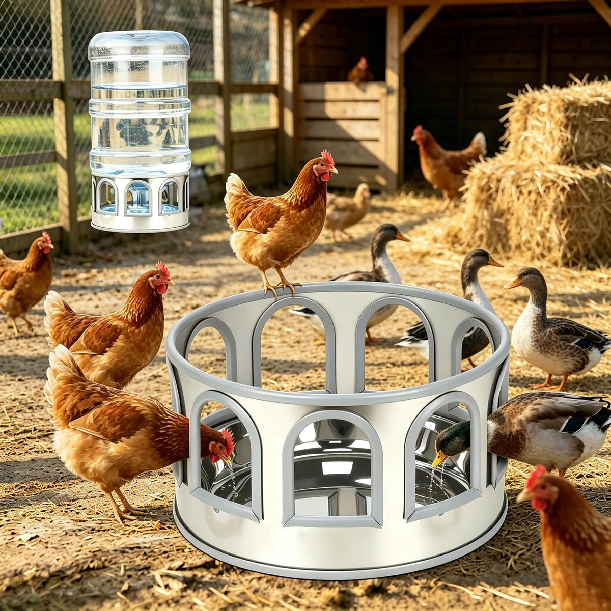 5 Gallon Stainless Steel Poultry Waterer Base with 9 Guarded Drinking Ports K9490