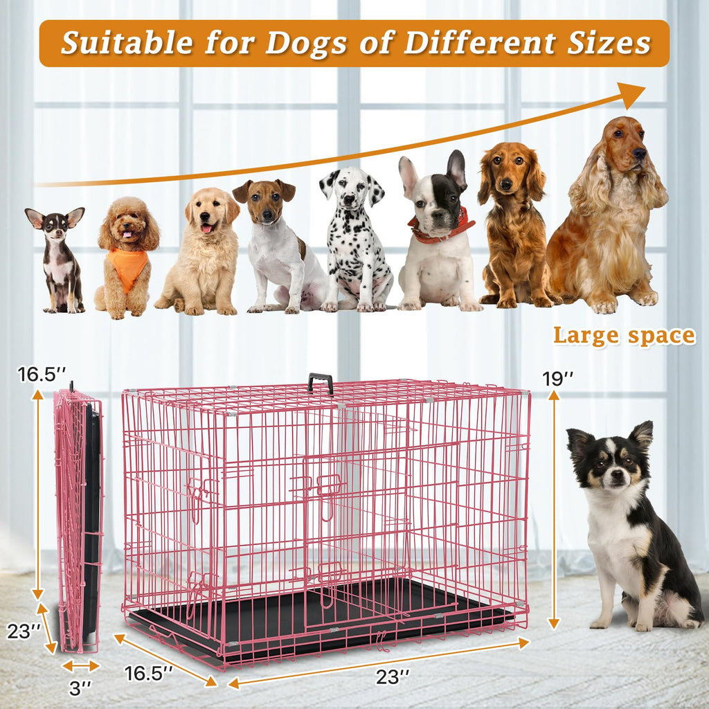 24" Pink Double Door Wire Dog Crate with Divider E86934