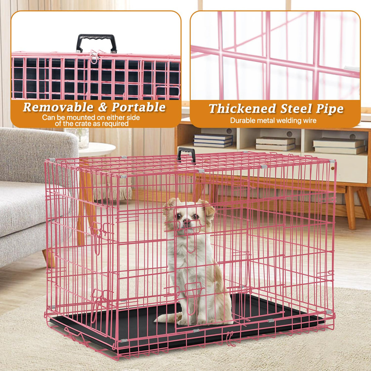 24" Pink Double Door Wire Dog Crate with Divider E86934