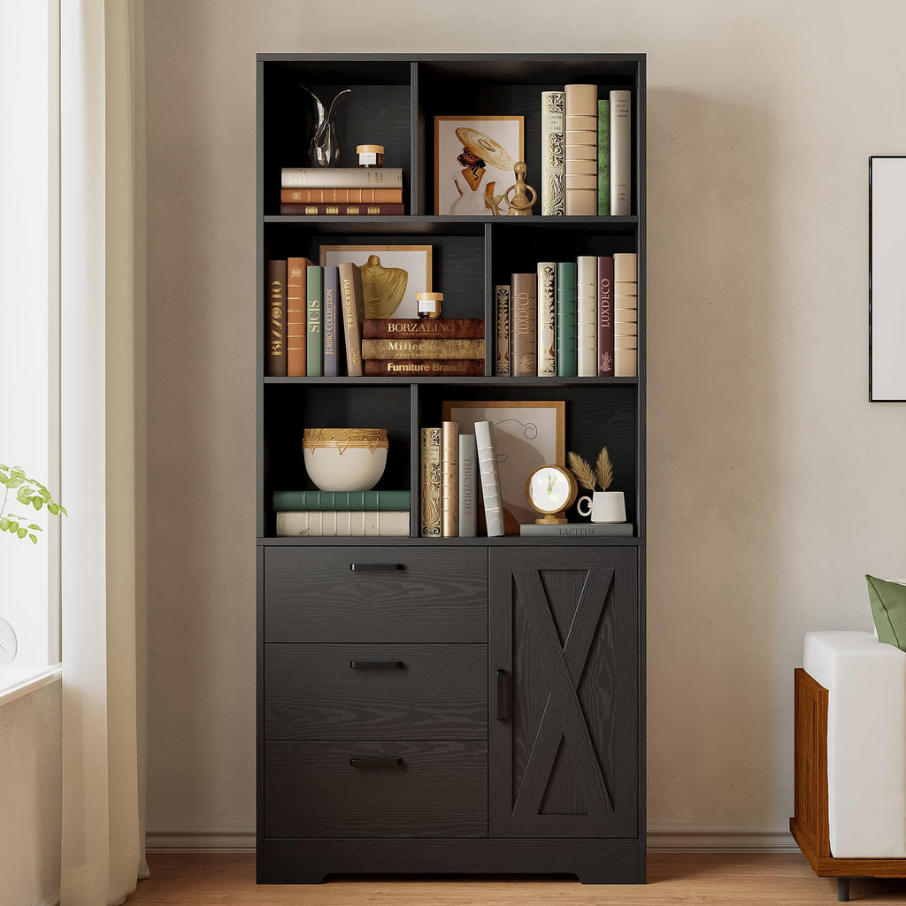 70.9-Inch Black Bookcase with Doors and 3 Drawers J923931