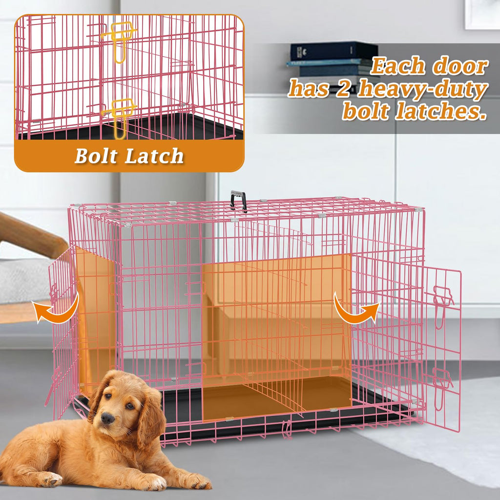 24" Pink Double Door Wire Dog Crate with Divider E86934