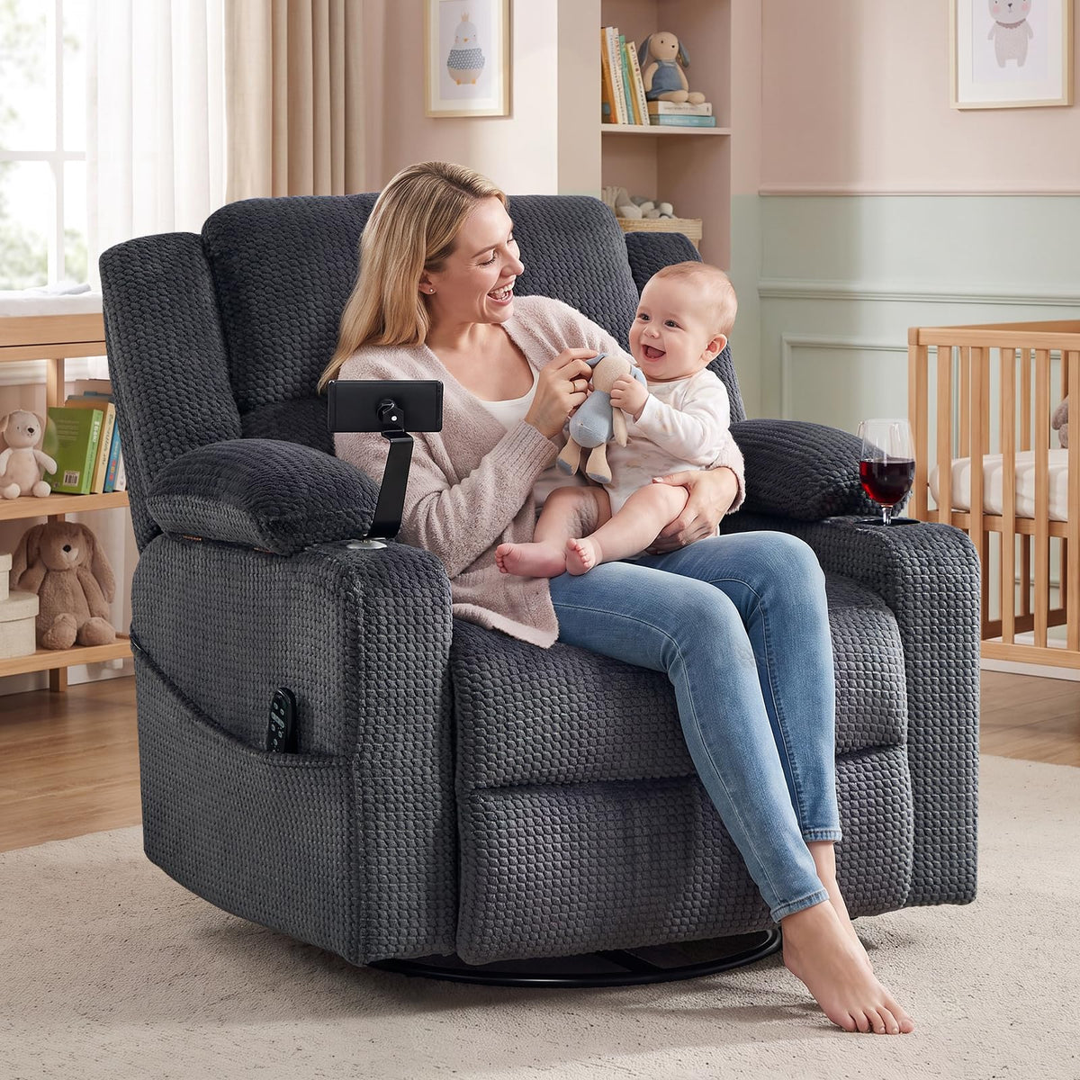 Oversized Power Recliner Chair with Massage and Heat, Grey D863