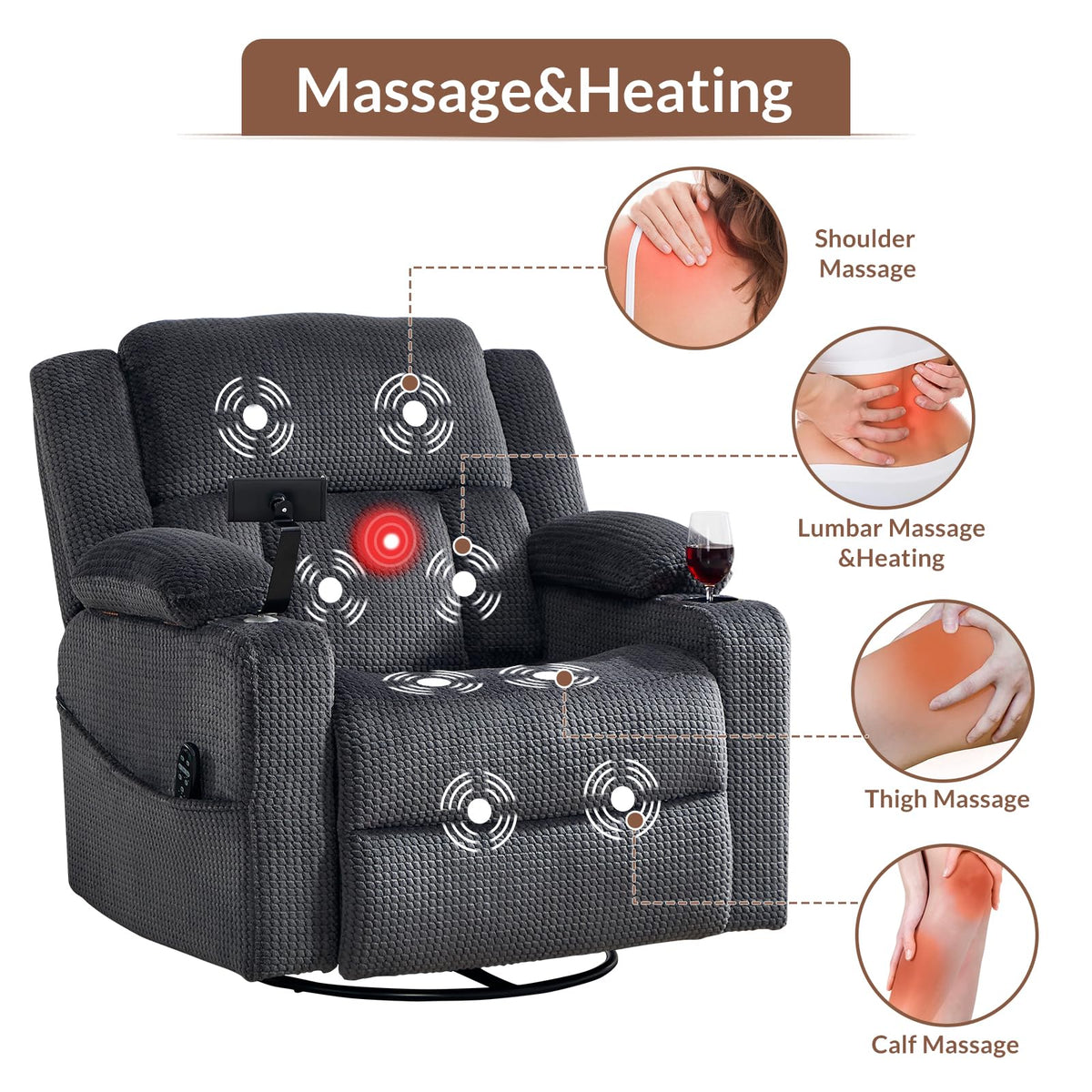 Oversized Power Recliner Chair with Massage and Heat, Grey D863
