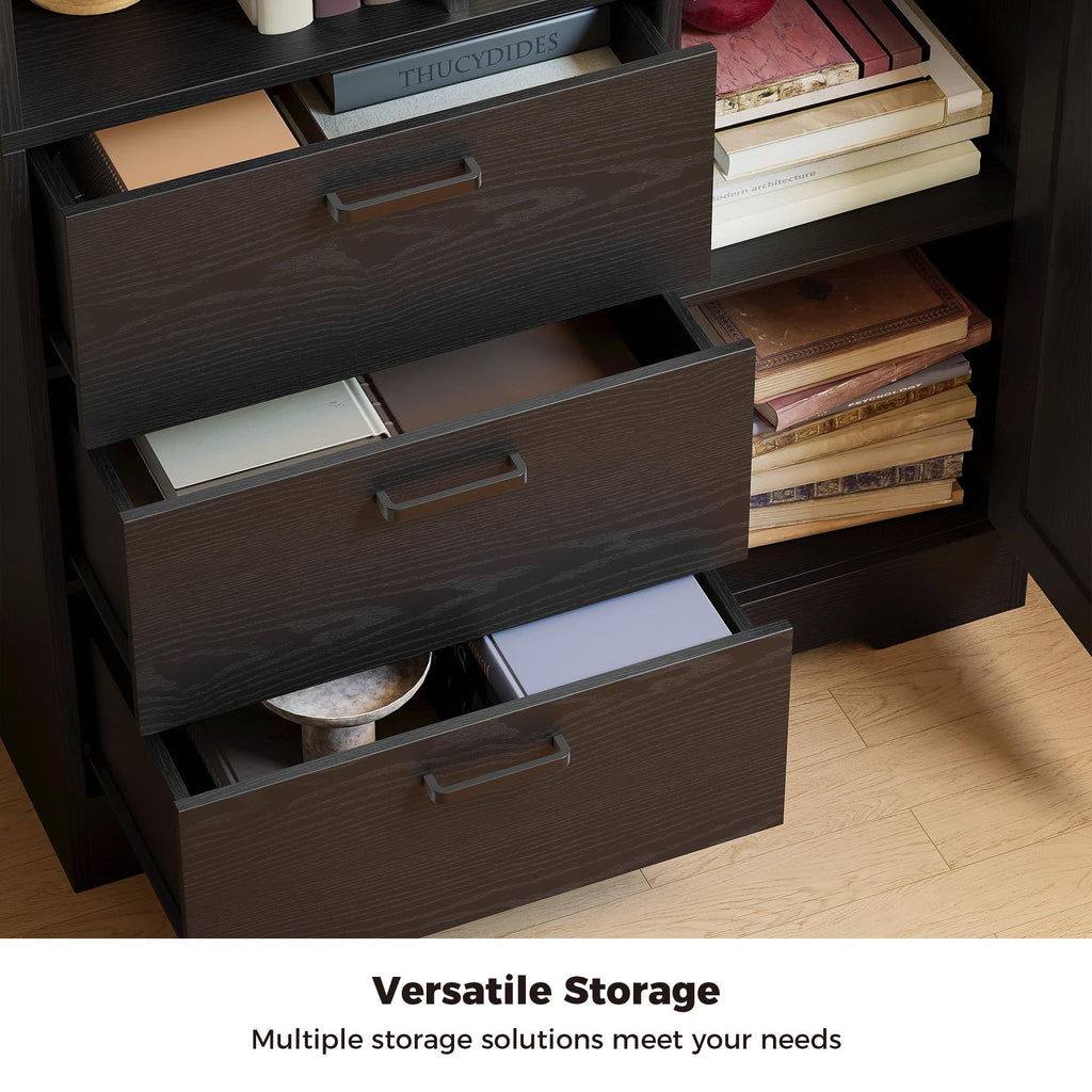 70.9-Inch Black Bookcase with Doors and 3 Drawers J923931