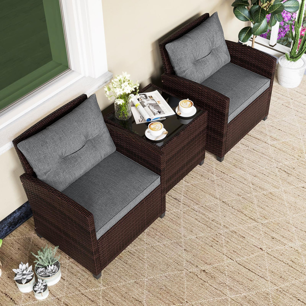 3 Pieces PE Rattan Wicker Outdoor Sofa Set with Cushion and Tempered Glass Tabletop C172