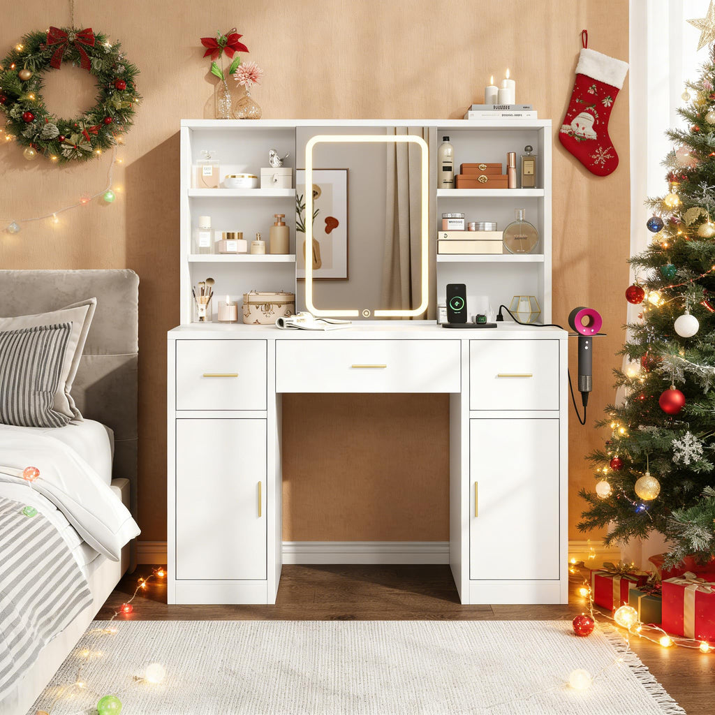 White Vanity Desk with Sliding Mirror and LED Lights K74247