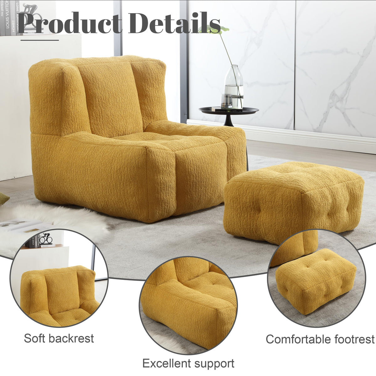 Yellow Memory Foam Bean Bag Chair with Ottoman L30628